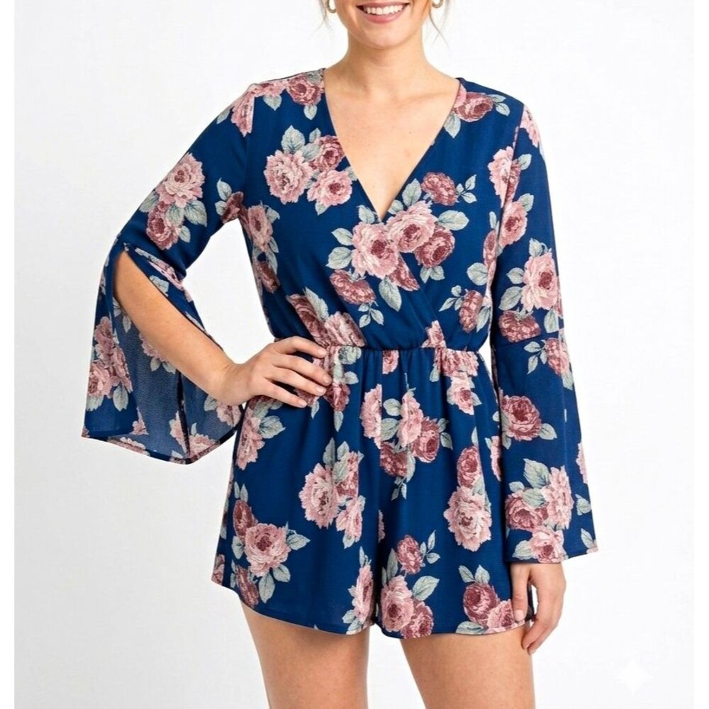 Lily Rose Women XL Blue Pink Floral Romper V-Neck slit Bell Slv Elastic Waist